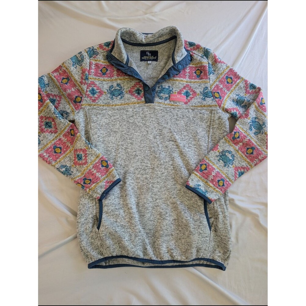 Simply Southern Gray Pullover with Pink, Blue & Yellow Patterned Sleeves
